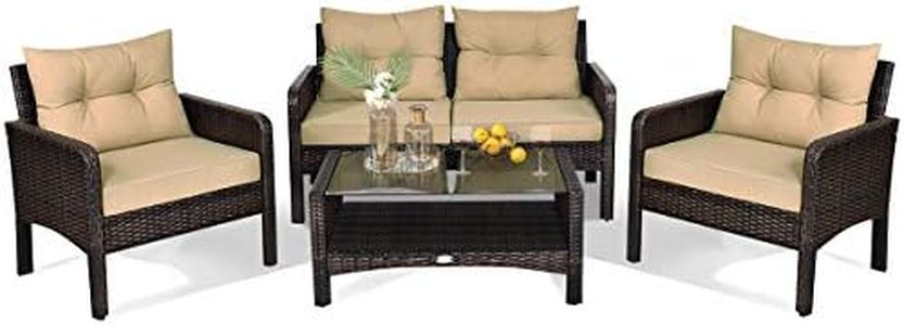 HAPPYGRILL 4-Piece Patio Furniture Set Outdoor Rattan Wicker Sofa Set with Cushions & Coffee Table, Conversation Sofa Set with Tempered Glass Table Top and Storage Shelf