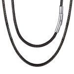 FOCALOOK Black Leather Necklace Men Women Braided Leather Cord Chain Necklace with Stainless Steel Clasp, 3mm, 18 Inch