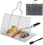 Portable BBQ Grill Mesh with Removable Wood Handle, Folding Grilling Basket Heavy Duty for Meat Shrimp Vegetable Fish, Outdoor Barbecue Accessories Stainless Steel, BBQ Rack Tool Basting Brush 32x22cm