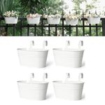 PRIME KRAFTS 12 INCH Anti Rust Railing Oval Planter for Balcony & Garden with Detachable Handle | Hanging Flowerpot Holder | Metal Wall Planter | Indoor and Outdoor Plant Container (White - Pack of 4)