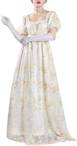 CR ROLECOS Vestido Regency para mujer, vestido victoriano, vestido de mujer Regency, vestido de fiesta con guantes Bridgerton, dorado, XXL