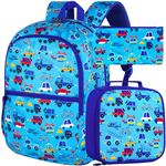 3Pcs Cars Backpack for Boys, 16" Kids Bookbag with Lunch Box,Waterproof Lightweight Backpacks Set for Kindergarten/Preschool/Elementary School (Blue)