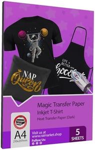 Raimarket Heat Transfer Paper for Dark Fabric T-Shirt Printing | 5 Sheets A4 Inkjet Iron On Transfers | DIY Fabric Printing with Iron On Transfer Paper - Unleash Your Creativity