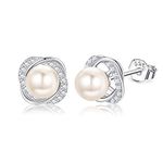 Sllaiss 925 Sterling Silver Halo Pearl Stud Earrings Made with Austria Pearl AAA Cubic Zirconia Knot 6mm Pearl Jewelry for Women for Anniversary Christmas