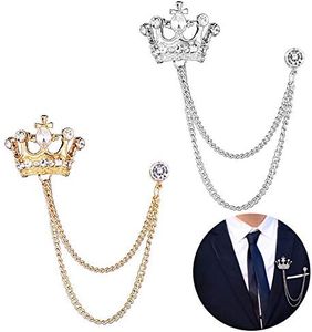 2PCS Men's Brooch Crown Hanging Chain Brooch Stone Detailing with Engraving Metal Crystal Brooch Suit Stud Lapel Pin Vintage Rhinestone Breastpin Wedding Brooch Pin, Gold and Silver