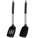 Pack of 2 Large Silicone Cooking Spatulas, BPA Free Stainless Steel Kitchen Utensils for Baking, Frying, Stir-Fry, Non-Stick Non-Scratch Heat Resistant Slotted and Solid Spoonula (Black)