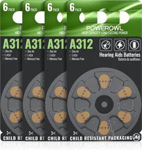 POWEROWL 24 Count Hearing Aid Batteries Size 312, High Capacity Cell, Long Lasting 312A battery
