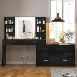 FIONESO Vanity Desk with LED Light Mirror & Power Outlet, 8 Drawers, 6 Storage Shelves, 3 Color Modes & Adjustable Brightness Makeup Vanity, Corner Vanity, L Shape Vanity, 39.4”-64.9" Desk, Black