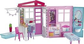 Barbie Doll House Playset with Toy Furniture & Accessories, Portable with Carrying Handle, 2 Feet Wide with Fold-Out Bed & Pool