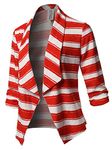 Women's Stretch 3/4 Gathered Sleeve Open Blazer Jacket, Aawbzt0002 Red White, Small