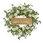 YNYLCHMX 18" Summer Wreaths for Front Door with Welcome Sign Spring Eucalyptus Wreath Door Wreaths for Spring Summer Floral Daisy Wreath for Outside Wall Window Farmhouse Indoor Outdoor Party Holiday