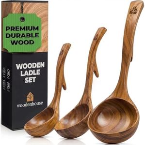 Wooden Ladle Spoon Set, 3 Size Teak Wood Kitchen Serving Spoon with Back Hooks for Pot & Bowl, Non-Stick Wooden Spoon Set for Cooking, Serving and Stirring