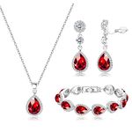 MILACOLATO Bridal Jewelry Set Wedding Crystal Necklace Bracelet Clip On Earrings Set Red Blue Rhinestone Pendant Teardrop Dangle Clip On Earrings Prom Bridal Party Bridesmaid Jewelry Set for Women Red