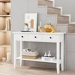 sogesfurniture Console Table with 3 Drawers, Entryway Table with Open Storage Shelf, 2 Tier Long Narrow Wooden Console Table, Sofa Side Accent Table for Entryway, Hallway, Living Room, Foyer, White