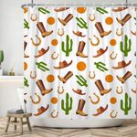 ASDCXZ Shower Curtain 180x180 cm, West Cowboy Leather Boots Hat Green Cactus Orange Sun White Bath Washable Shower Curtains Polyester Textile Waterproof Bath Curtain for Bathtub with 12 Hooks