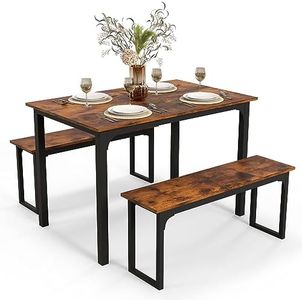 Giantex Dining Table Set for 4, 3 PCS Farmhouse Kitchen & Dining Room Furniture Kit with 2 Benches, Space-Saving Breakfast Nook Table Set (Rustic Brown + Black)