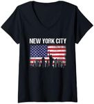 Womens New York City Skyline Gift American Flag 4th of July V-Neck T-Shirt