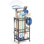 DAOUTIME Garden Tool Organizer with Wheels, Yard Tool Tower rack for Garage Organization and Storage, Up to 35 Long-Handled Tools, Sturdy Metal Steel Tool Holder with 3 Hooks, Outdoor, Black