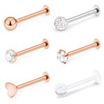 D.Bella 16G Stainless Steel Labret Studs Lip Rings Retainer Cartilage Tragus Nail Conch Helix Earring Barbell Piercing Jewelry with Clear Diamond CZ for Women Men - Rose gold