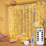 Curtain Lights, 9.8 X 9.8 ft 300 LED Curtain Lights For Bedroom Fairy Lights 8 Lighting Modes Twinkle Lights Curtain String Lights For Bedroom window Decor Outdoor Indoor Wedding Birthday Christmas (Yellow)