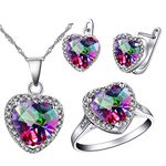 Uloveido Heart Jewellery Set Silver Color for Bridal, Women Necklace Earrings and Engagement Ring Set for Girls Girlfriend T481