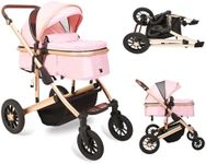 High View Baby Stroller with True Pram Mode, One Hand Fold, with Aluminum Frame, Large Seat Area, Multi-Position Recline, Extra Large Storage Basket(Color:Pink)