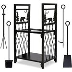 MYFIREPLACEDIRECT Firewood Rack with 4 Fireplace Tools, Fireplace Tool Sets Log Rack Outdoor Heavy-Duty Log Wood Storage Accessory for Indoor Fire Pit Wood Holders with Shovel, Poker, Tongs, Broom