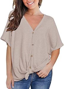MIHOLL Womens Loose Blouse Short Sleeve V Neck Button Down T Shirts Tie Front Knot Casual Tops (Small, Oatmeal)