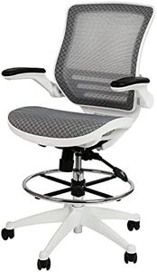 Flash Furniture Mid-Back Transparent Gray Mesh Drafting Chair with White Frame and Flip-Up Arms