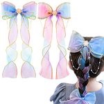 SANNIDHI® 2Pcs Hair Bow for Girls Kids Cute Rainbow Ribbon Bow Clip Pearl Bow Hair Clips for Girls Princess Hair Accessories for Girls Gift