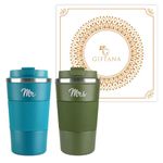 Giftana Mr and Mrs Coffee Tumbler Set of 2, Double Wall Stainless Steel Vacuum Insulated Travel Mugs Mr and Mrs Gifts for Couples, Wedding Engagement Gifts, Bride and Groom, 510ml, Green and Blue