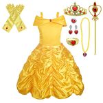 Lito Angels Beauty and the Beast Costume Princess Belle Iconic Fancy Dress Up Gold Gown with Accessories for Kids Girls Age 5-6 Years