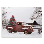 BANBERRY DESIGNS Lighted Vintage Red Truck Canvas Wall Art - LED Picture with Christmas Tree and Old-Fashioned Red Pick-Up Truck Winter Scene - Barn and Farmstead Setting