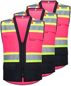 ProtectX 6-Pocket Class 2 High Visibility Safety Vest for Men Women, Reflective Vest with Zipper Front & Mesh Back, Hi Vis Vest for Work & Construction, Pink, Large,3 Pack