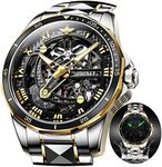 OUPINKE Automatic Skeleton Watch for Men Self Winding Silver and Gold Luxury Dress Mens Watches Two Tone Stainless Steel Waterproof Mechanical Male Watch Sapphire Crystal Gold Hand Wristwatches