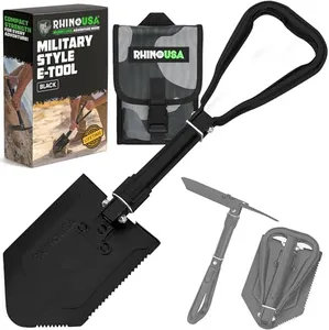 RHINO USA Folding Survival Shovel w/Pick - Heavy Duty Carbon Steel Military Style Entrenching Tool for Off Road, Camping, Gardening, Beach, Digging Dirt, Sand, Mud & Snow.