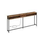 VASAGLE 70 Inch Outlet and Shelves, Sofa Hidden Charging Station, Behind Couch Skinny Console Table, Rustic Brown + Black