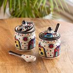 ExclusiveLane 'Hut Handpainted' Ceramic Pickle Jars for Dining Table with Spoon & Lid |Pickle Jar for Storage Kitchen Containers Set Pickle Holder Pickle Container for Kitchen Storage Set Aachar Jar