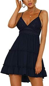 ECOWISH Womens V-Neck Spaghetti Strap Bowknot Backless Sleeveless Lace Mini Swing Skater Dress Navy Blue-1 X-Large