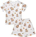 KUEJOP Lovely Capybara Prints White Summer Cute Pajama Sets, Short Sets for Daily Wears and Sleep Wears