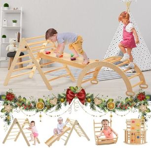 FUNLIO Juego de Triángulo Plegable (3 Piezas) con para Niños de 2 a 6 ños, Rocodromo Infantil, Gimnasio Bebe Montessori Interior Ajustable 5 en 1 con Arco/Tobogán/Roca de Escalada/triángulo