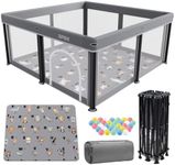 Foldable Baby Playpen with Mat，50"×50" Collapsible Playard for Babies and Toddlers，Indoor&Outdoor Kids Safety Play Pen，Portable Travel Playpen ‌with Travel Pack and 50 Ocean Balls