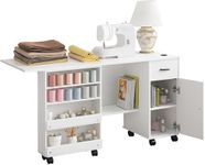 Folding Sewing Machine Table with Storage Shelves and Sliding Drawer, Rolling Side Desk for Sewing Machine, Craft Station with Lockable Wheels for Home, Bedroom, Small Spaces, White