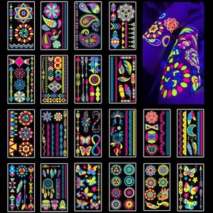 Tatuajes Temporales 20 Hojas Tatuajes Fluorescentes Brillan Bajo Neon UV Luz Negra, Tatuajes Fiesta Luminoso, Tatuajes Temporales Adultos y Niños, Tatuajes Cumpleaños Juegos, Divertidas Regalo