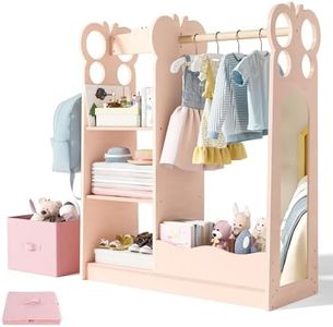 BlueWood Dress Up Storage Kids Wardrobe with Mirror, Toddler Princess Costume Closet with Hanging Rod, 3 Shelves & Storage Bins, Armoire Rack for Little Girls Ages 3-7, Pink Butterfly