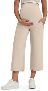 G4Free Pregnancy Pants Over The Belly Cropped with Pockets Summer Maternity Pants Wide Leg Pregnant Work Capri Slacks (Light Khaki,XL)