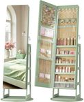 LVSOMT 360° Swivel Jewelry Cabinet with 6 LED Lights, Framelss Full Length Mirror with Storage, Standing Lockable Jewelry Organizer Armoire with 4 Rear Shelves & Hooks, White Surface, Black Lining