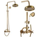 Antique Brass Exposed Shower Faucet Set 8 Rain Shower Head 2 Double Knobs Cross Handle Shower Fixture Combo System Unit Set Dual Function