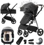 Gcarebb Leather 3 in 1 Pushchair, City Strollers with Car Seat, Portable One-Click Folding Walking Stick Stroller, Landscape Combined Strollers High Aluminium Frame for Newborn 0-4 Years