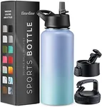 FineDine Triple Walled, Insulated Water Bottles with Straw - 32 Oz Stainless Steel Metal Bottle W/ 3 Leak Proof Lids - For Travel, School, Sports, Gym/Men, Women & Kids - Powder Steel Blue